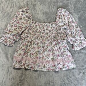 Tinsel Town Floral Smocked Peplum Top XL Pink White Lace Puff Sleeve Cottagecore